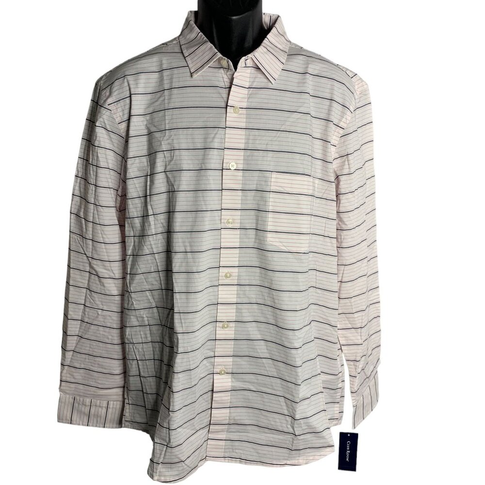 Club Room Button Up Long Sleeve Shirt XL White Pink Stripes Chest Pocket NEW